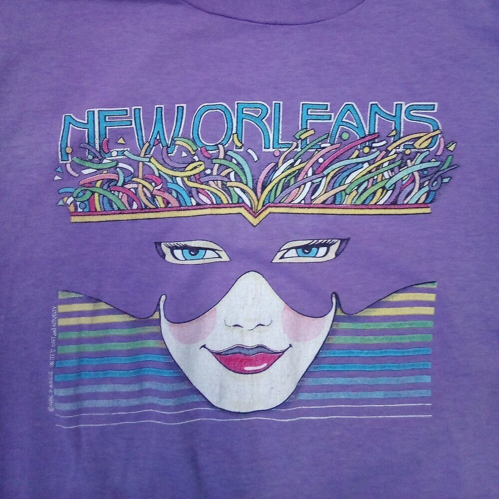 Vintage 80s New Orleans Mardi Gras Mask Masquerade T-Shirt